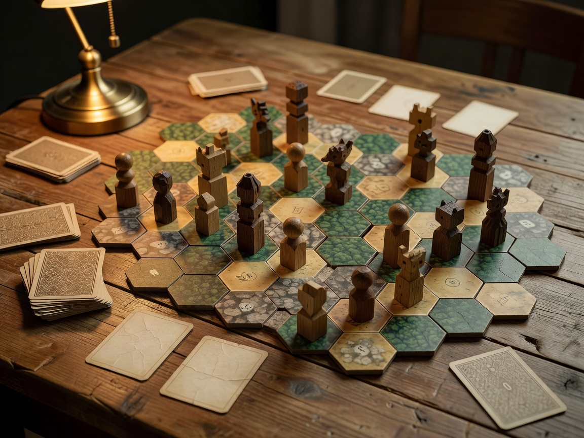 A board game in progress with wooden pieces, cards and a hex-tiled board laid out on a table
