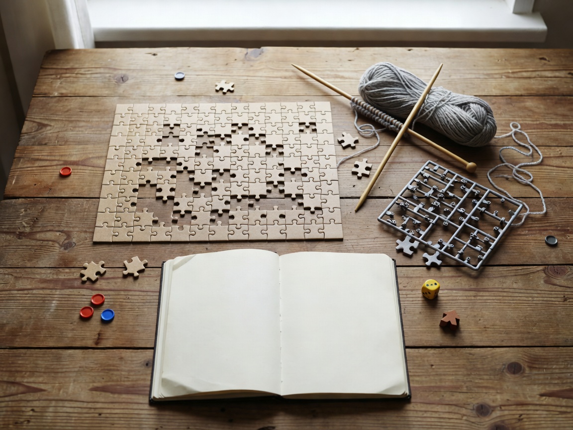 Flat-lay of a half-finished jigsaw puzzle, knitting needles with yarn, a small model kit sprue, an open notebook and board game pieces arranged on a wooden table
