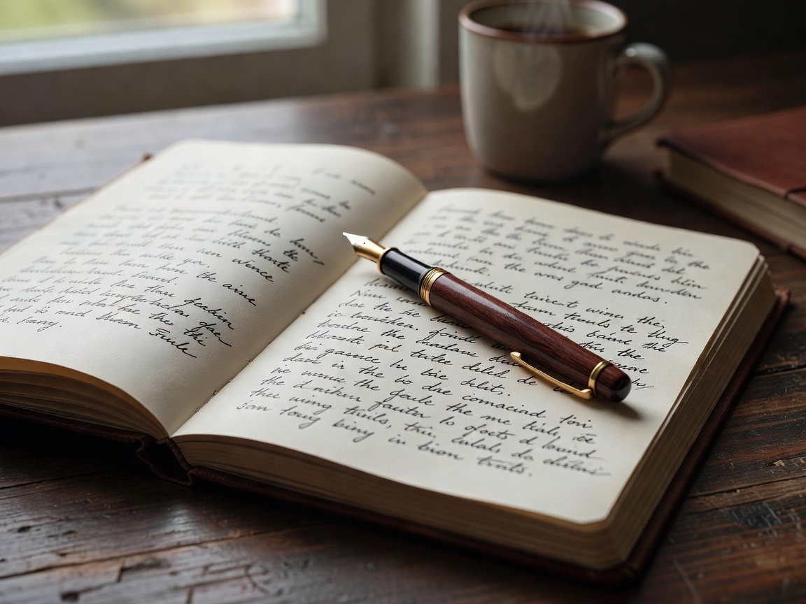 An open notebook with handwritten entries and a fountain pen resting across the page