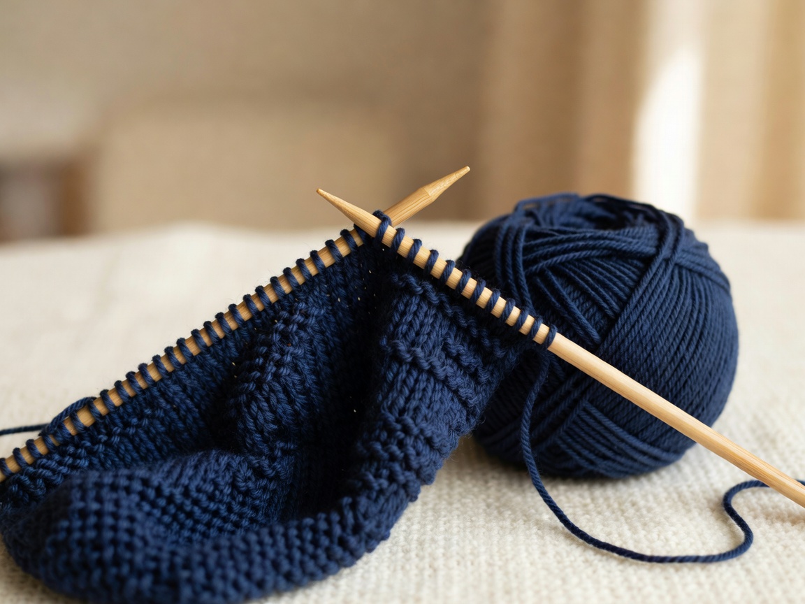 Knitting needles holding rows of stitches in progress, with a ball of yarn resting beside the work