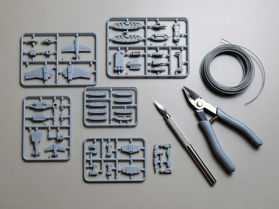 Unpainted plastic model kit parts still attached to their sprue, arranged beside a hobby knife and sprue cutters