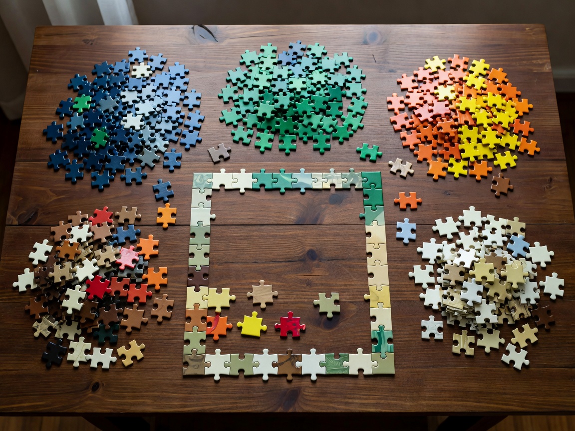 Overhead view of jigsaw puzzle pieces sorted by colour on a table, with a partly completed edge frame